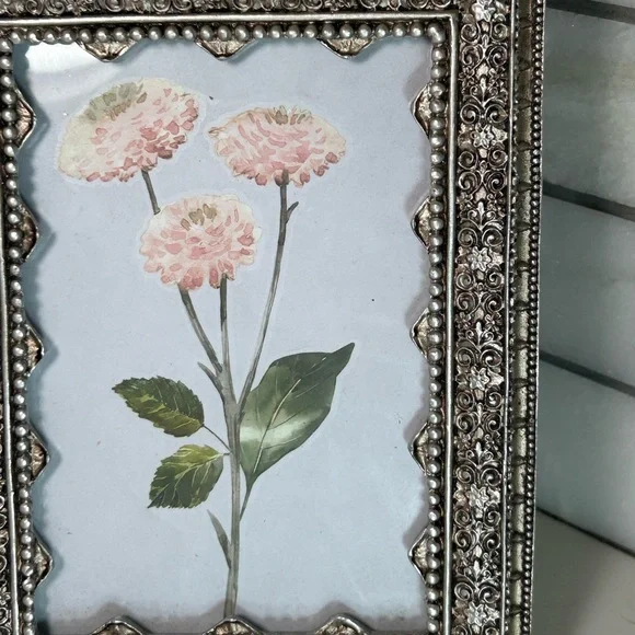 Pink Zinnia Flowers in a Vintage Azzure Home Pewter 5.5” x 3.5” Picture Frame - Picture 3 of 12